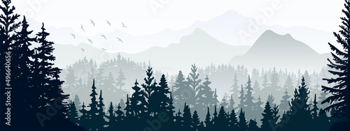 Horizontal banner. Magical misty landscape. Silhouette of forest and mountains  fog. Nature background. Gray and white illustration.    Bookmark.