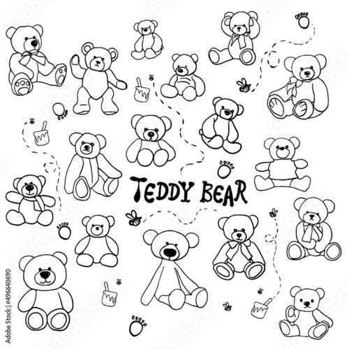 Vector pattern of cartoon teddy bears outline drawing in black isolated on a white background