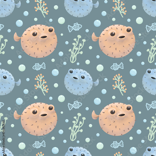 Hedgehog fish. Seamless pattern with hedgehog fish, water bubbles and coral. Design for children's prints, stationery, textiles.