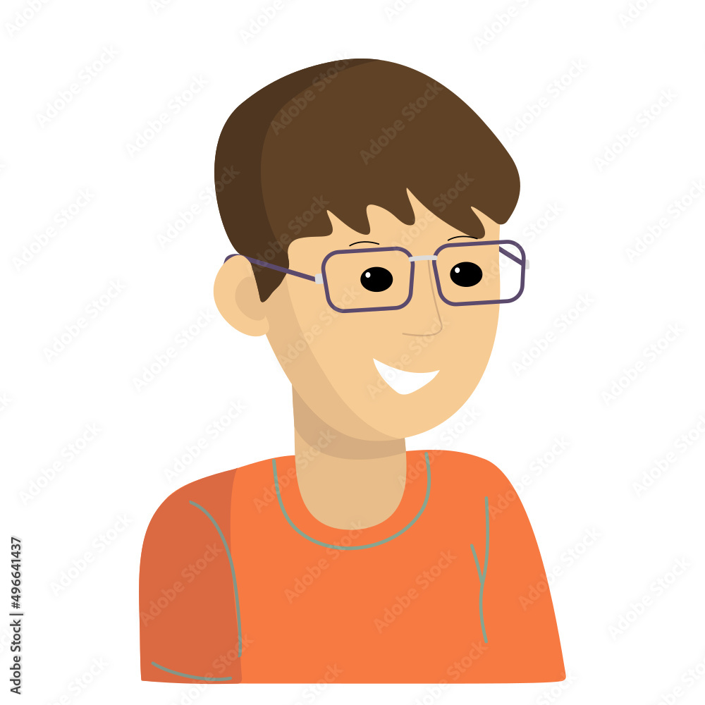 Eye glasses. A guy with a happy expression in glasses. Purchase of optics to improve vision. Isolated on white background. Flat vector illustration. Eye glasses. A guy with a happy expression in glasses. Purchase of optics to improve vision. Isolated on white background. Flat vector illustration.