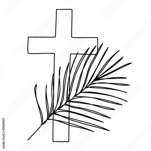 Christian Cross with palm leave. Palm Sunday, Easter concept. Hand drawn, Vector illustration