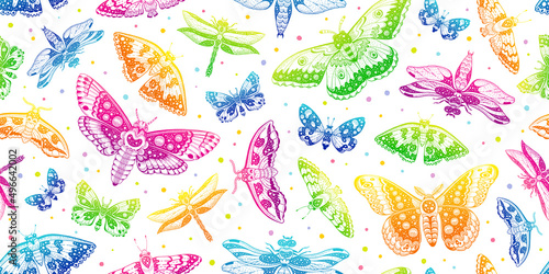 Moth butterfly pattern. Seamless moon boho vector. Celestial magic abstract mystic design. Gothic witch drawing. Print of luna astrology moth pattern. Occult neon illustration mystic white background