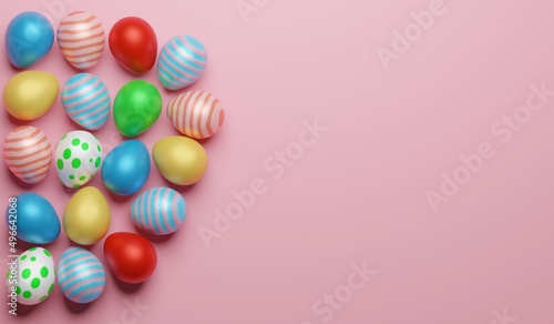 Easter eggs 3d render illustration in pink scene background.