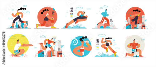 Runners set. Flat vector concept illustrations of male and female athletes running in the park, forest, stadium track or street landscape. Healthy activity and lifestyle. Sprint, jogging, warming up.