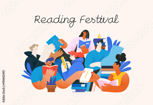 Books graphics -book week events. Modern flat vector concept illustrations of reading people - a group of men and women reading and sharing books and e-books on tablets sitting surrounded by plants