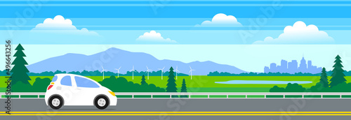 electric car on the road highway landscape background vector illustration
