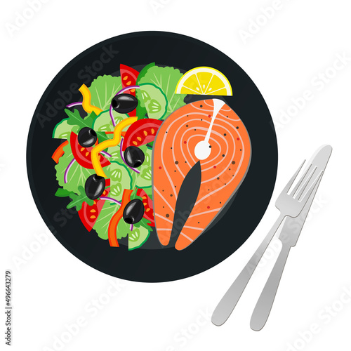 salmon steak fresh vegetables salad  on plate fork and knife healthy food top view vector illustration