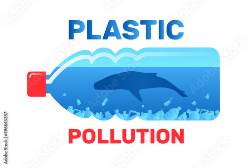plastic  pollution ecology    underwater whale sinking waste floating in bottle vector illustration
