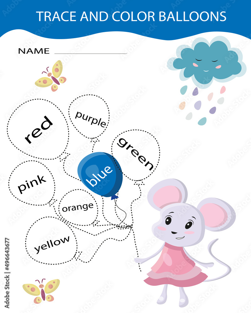 Mouse with balloons vector illustration. Trace line and color page game for kids to study colors. Preschool or kindergarten tracing worksheet with dashed lines.Handwriting practice sheet Mouse with balloons vector illustration. Trace line and color page game for kids to study colors. Preschool or kindergarten tracing worksheet with dashed lines.Handwriting practice sheet