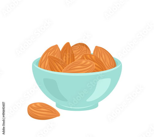 Almond in blue bowl isolated on white. Vector flat illustration of nuts. Food icon.
