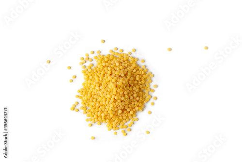 Ptitim isolated on white background. Israeli couscous. Uncooked ptitim close up, top view