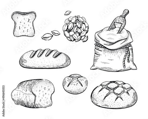 Bread sketch set. Vector bakery. Vintage food. Wheat loaf, flour bag, bun, toast illustration. Hand drawn icon set. Doodle sketch bread with black lines isolated on white.