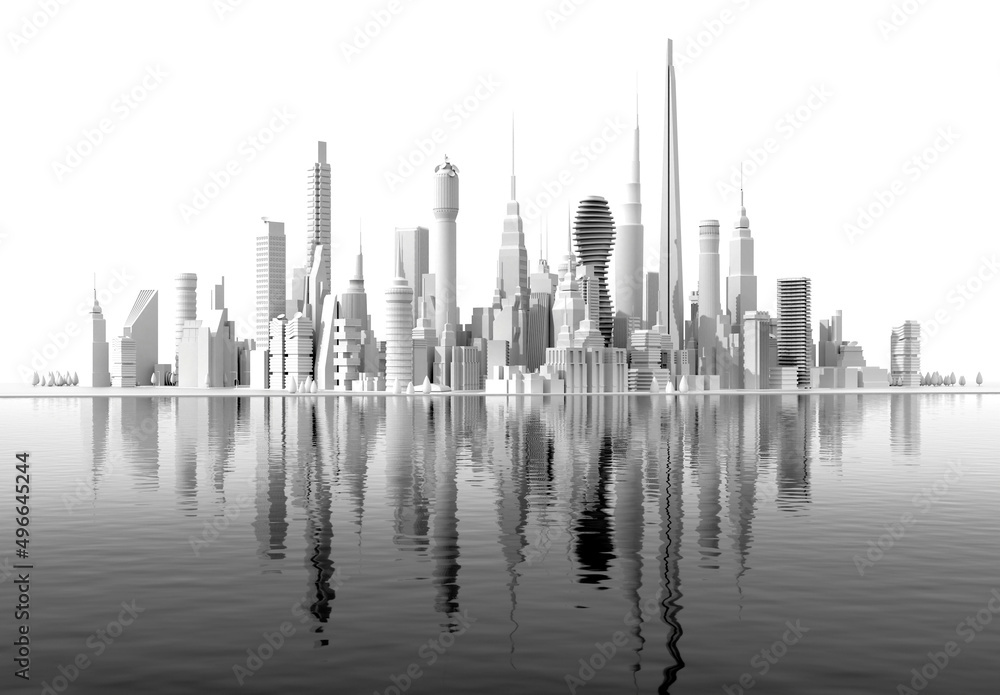Modern city with skyscrapers locates by the sea. Office and residential blocks, financial area and beautiful reflection in the water. 3D rendering illustration, panoramic view