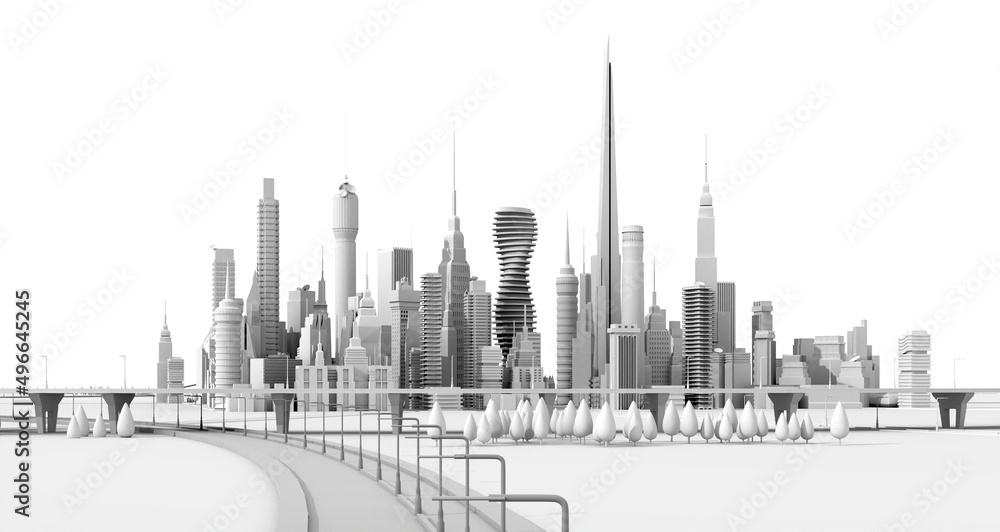 Modern city with skyscrapers and road, office and residential blocks, financial area. 3D rendering illustration, panoramic view