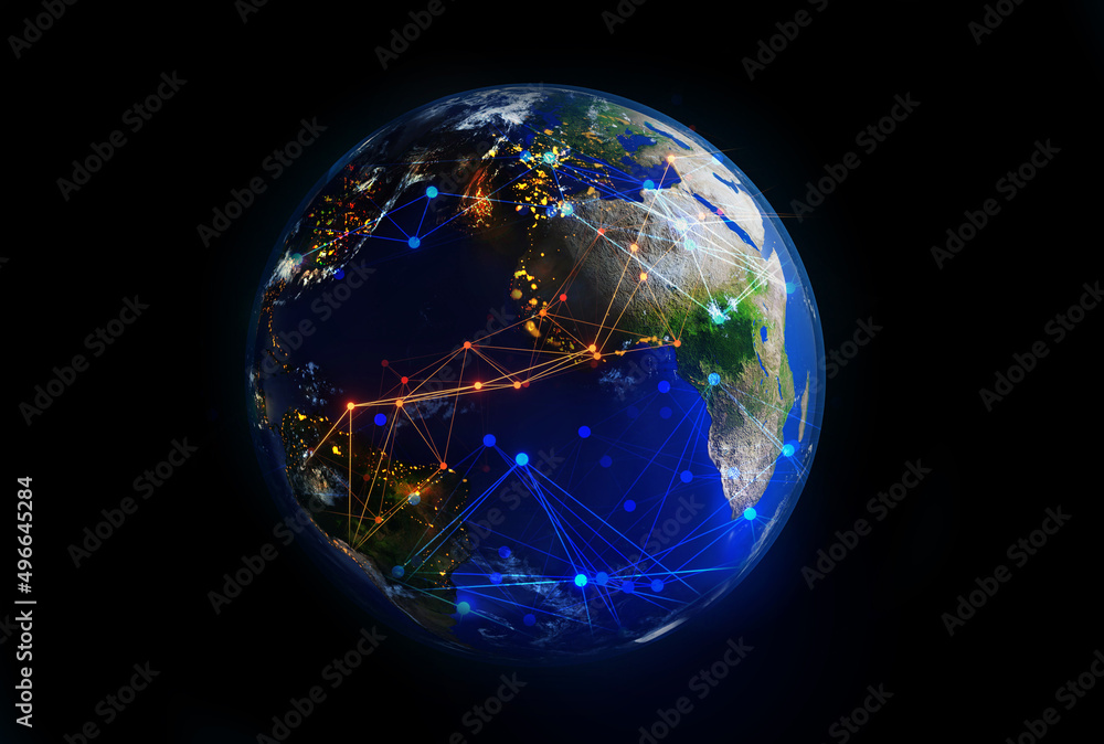 Planet Earth 3D rendering illustration. Neon lines symbolising internet connections, big data concept, global communication and business. Planet Earth 3D rendering illustration. Neon lines symbolising internet connections, big data concept, global communication and business.