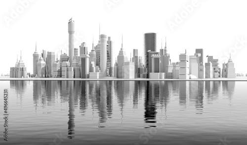 Modern city with skyscrapers locates by the sea. Office and residential blocks  financial area and beautiful reflection in the water. 3D rendering illustration  panoramic view
