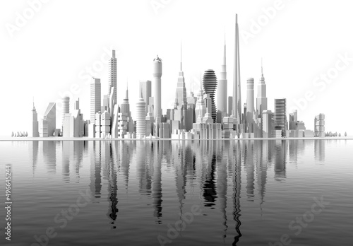 Modern city with skyscrapers locates by the sea. Office and residential blocks, financial area and beautiful reflection in the water. 3D rendering illustration, panoramic view