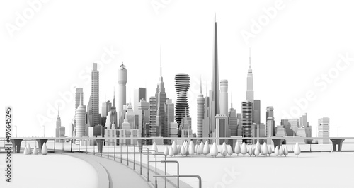 Modern city with skyscrapers and road  office and residential blocks  financial area. 3D rendering illustration  panoramic view