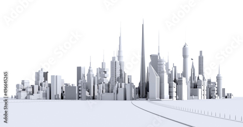 Modern city with skyscrapers and road  office and residential blocks  financial area. 3D rendering illustration  panoramic view