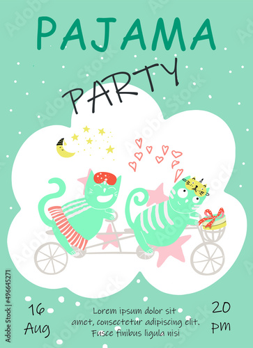 Pajama party invitation in pastel colors, two cats ride a bike in sleep masks with a cake.