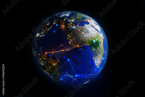 Planet Earth 3D rendering illustration. Neon lines symbolising internet connections  big data concept  global communication and business.  