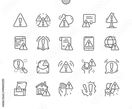 Warnings. Alert. Threat detected. Danger and protection. Pixel Perfect Vector Thin Line Icons. Simple Minimal Pictogram