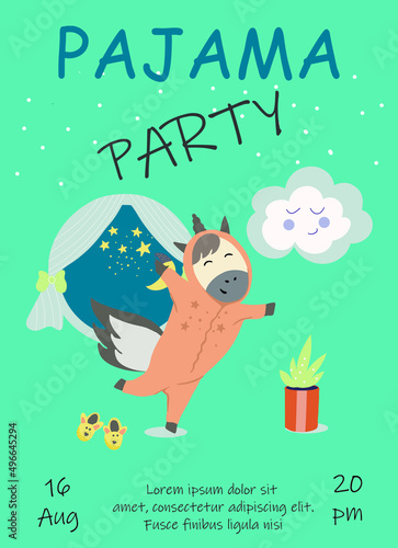 Pajama party invitation in pastel colors, unicorn in pajamas with pillow, round window with stars, home decor.