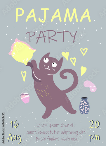 Invitation to a pajama party in pastel colors, a cat dancing with a pillow, around it are mediums, a cupcake and marshmallows, on a gray background.