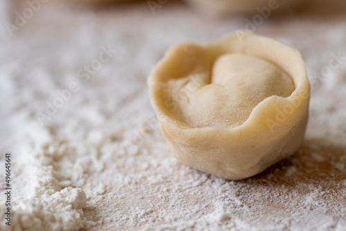 Close-up view of raw meat dumpling with white flour