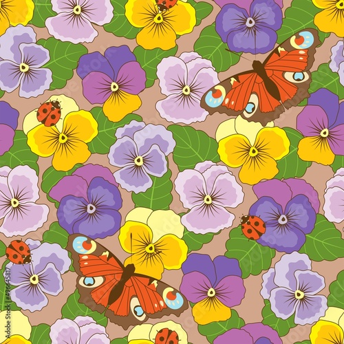 Colorful pattern with pansies and peacock butterflies. Vector illustration.