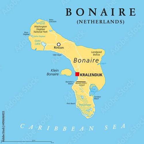 Bonaire, Netherlands, political map. Island in the Leeward Antilles in the Caribbean Sea, with capital Kralendijk. Part of the ABC islands, off the coast of Venezuela, outside Hurricane Alley. Vector photo