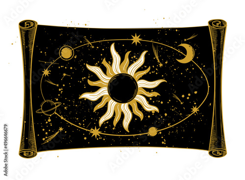 Papyrus with the structure of the universe, the sun, moon and lpnete on a black sky background. Mystical space banner for tarot, astrology, astronomy. Vector boho illustration, tattoo.