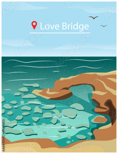 Illustration of the island of Cyprus. Mediterranean Sea and the city of Ayia Napa. Sights bridge of lovers. Tourism and rest