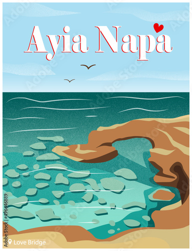 Illustration of the island of Cyprus. Mediterranean Sea and the city of Ayia Napa. Sights bridge of lovers. Tourism and rest