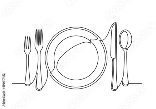 Continuous one line drawing of a cutlery. Knife spoon fork plate isolated on a white background. Vector illustration