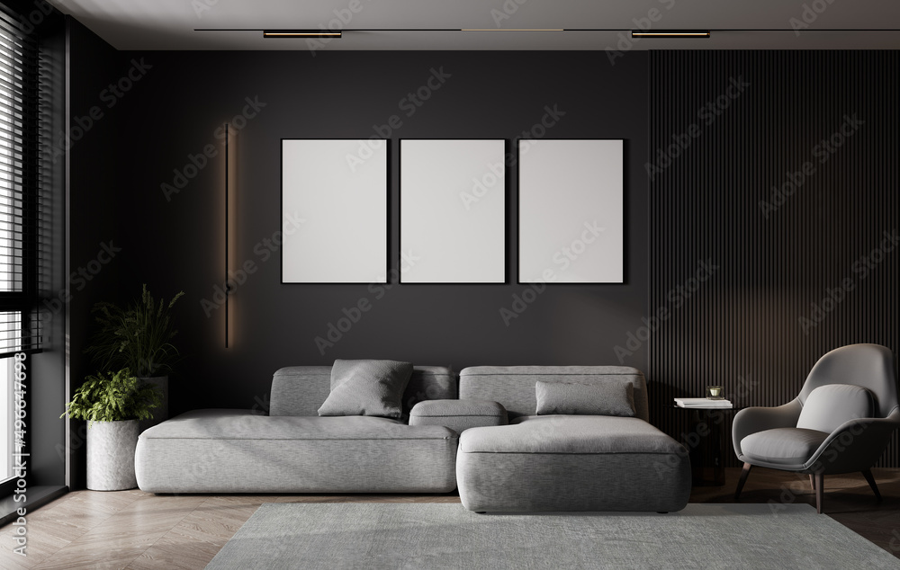 Fototapeta premium Mockup poster frames in stylish dark living room interior, modern living room, 3d rendering