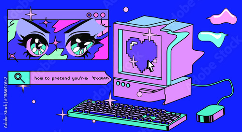 Vaporwave the 90's like style collage with user interface elements and cartoon anime illustrations.