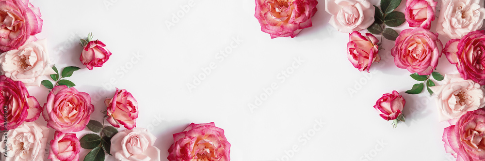 Floral composition made of beautiful pink rose buds lying on white background with sunlight. Nature concept. Summer theme. Minimal style. Top view. Flat lay - obrazy, fototapety, plakaty 