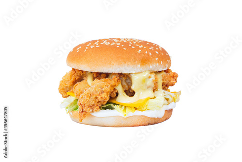 Burger with crispy fried chicken meat isolated on white background