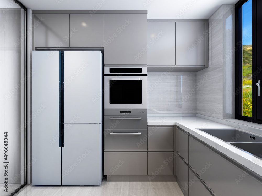 3D rendering,Spacious modern luxurious kitchen with bar design. 3D rendering,Spacious modern luxurious kitchen with bar design.