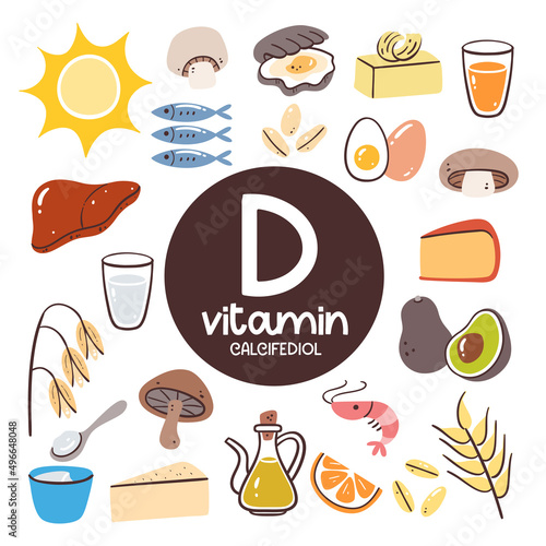 Food products with high levels of Vitamin D (calcifediol). Cooking ingredients. Seafood, dairy products, oil, grain, mushrooms, eggs, liver