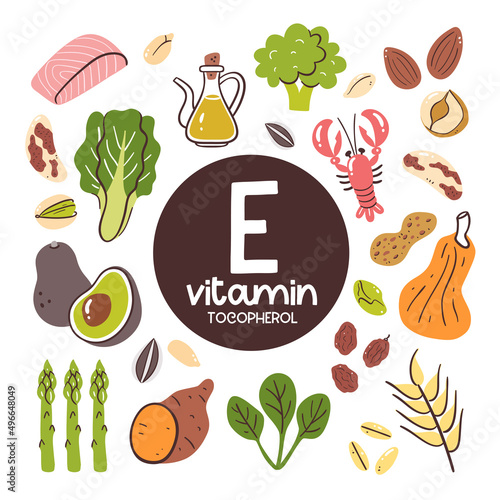 Food products with high levels of Vitamin E (Tocopherol). Cooking ingredients. Seafood, vegetables, nuts, grain.
