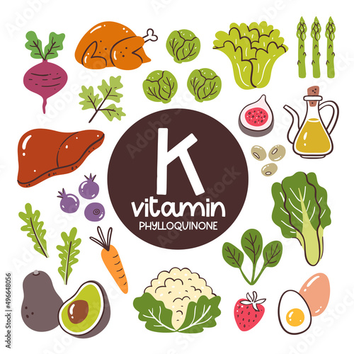 Food products with high levels of Vitamin K (Phylloquinone). Cooking ingredients. Vegetables, fruits, eggs, meat, oil. photo