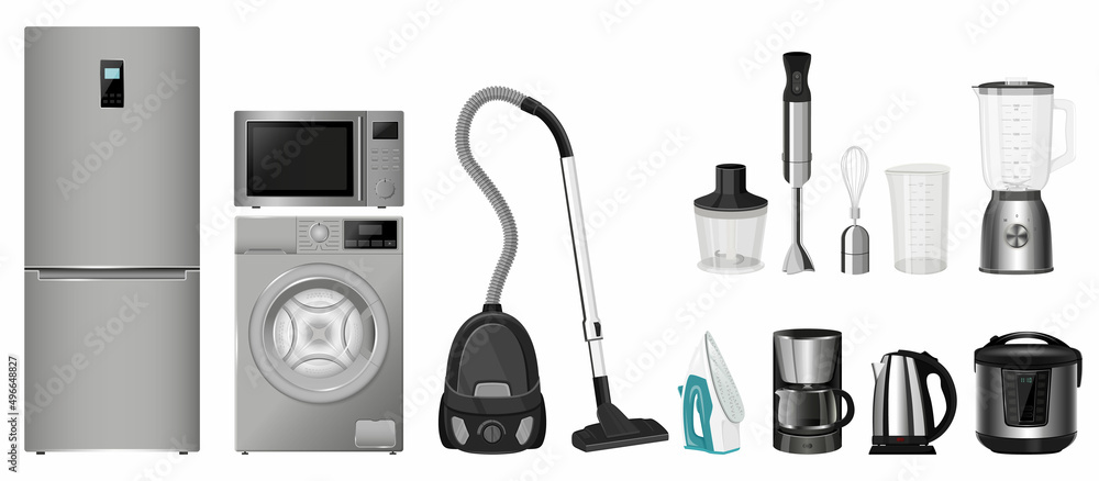 Fototapeta premium A set of household appliances: microwave oven, washing machine, refrigerator, vacuum cleaner, multi cooker, food processor, blender, iron. Realistic 3D vector, isolated illustration