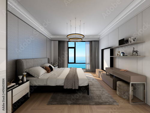 3D rendering  elegant and spacious bedroom design of modern apartment  overcoat cabinet beside the big bed  with dressing table and green plants