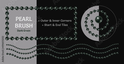 Pattern brush with dark green pearl beads. Chain brush with corners, end and start tiles. Classic black coloration of pearl. Isolated on dark backgrounds.