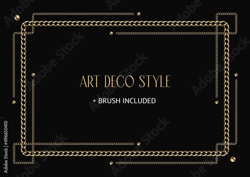 Art deco geometric frame made of golden chain and beads. Chain brush included. Vintage old antique elegant vector design with copy space.