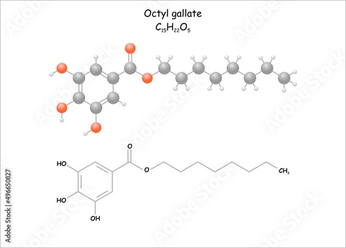 Stylized molecule model/structural formula of the food additive octyl gallate.