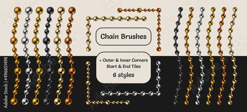 Ball chain metal pattern brushes with corners, end and start tiles in vintage style. Gold, silver, bronze, brass and black versions. Isolated on white and black background.