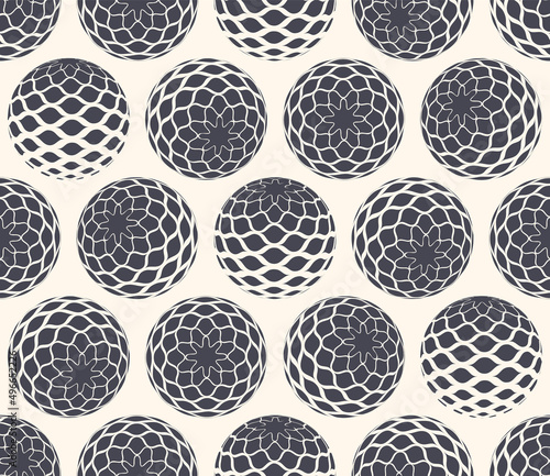 Scale Patterned Balls In Different Positions Psychedelic Art Seamless Abstract Vector Black White Background. Freaky Acid Trip Crazy Tileable Wallpaper. Weird Spheres Hypnotic Abstraction Illustration